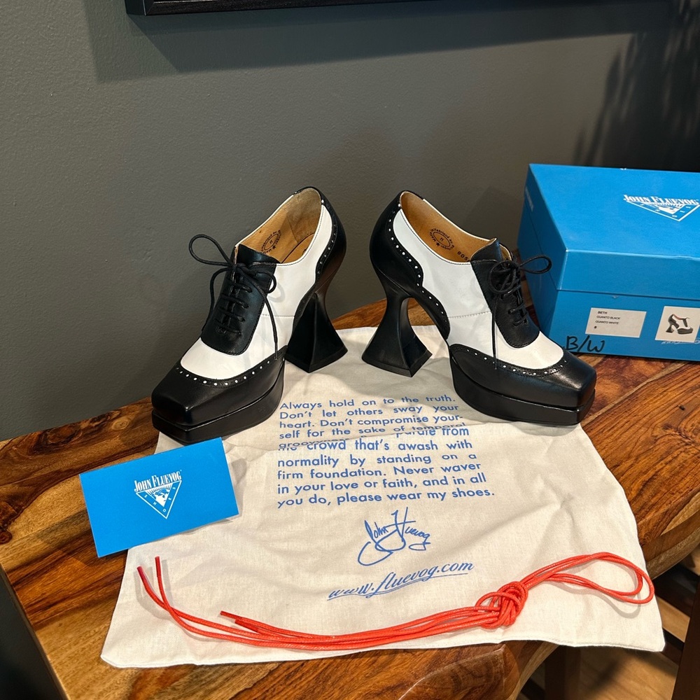 John Fluevog Black and White Munster Lace-Up Heels